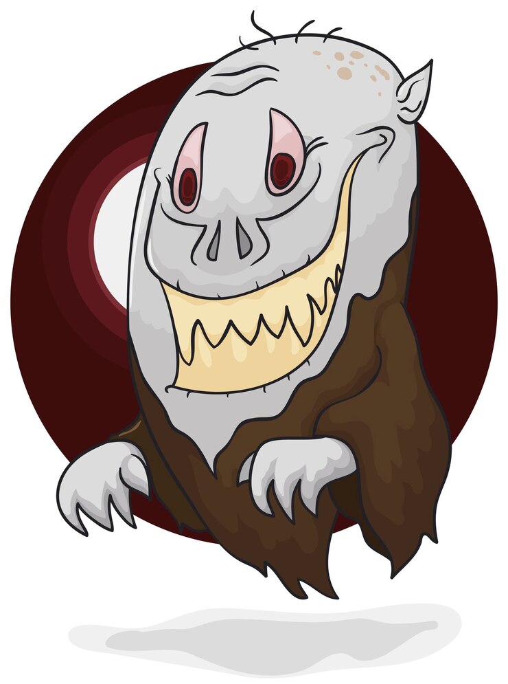 Vektor aged albino vampire floating with a mischievous smile and wearing a ragged robes in full moon night