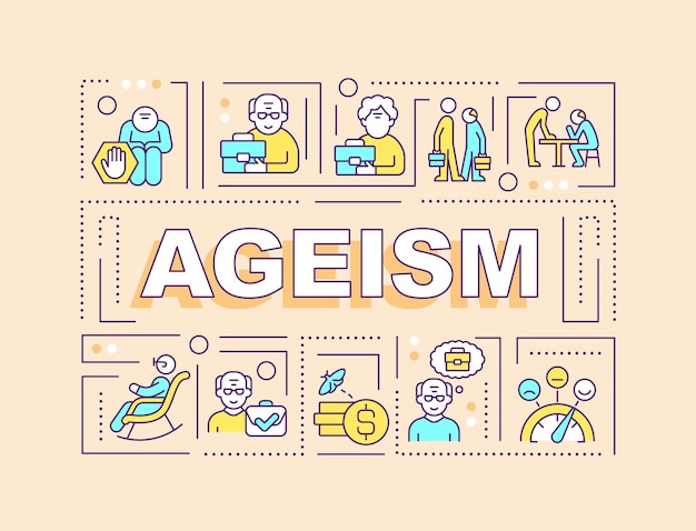 Ageism text with various thin line icons concept on beige monochromatic background editable 2D vector illustration