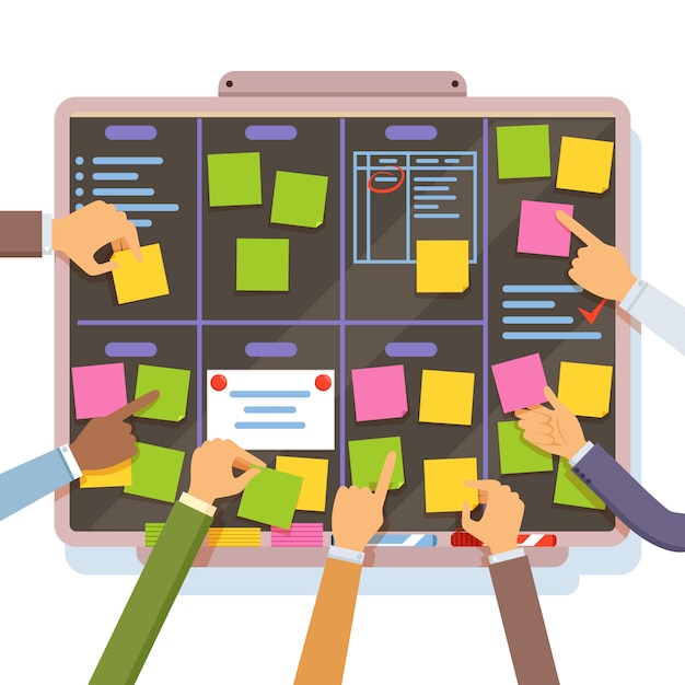Agile project plan. Hands holding and put notes on the planning board