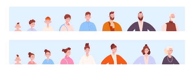 Aging avatar stage Avatars family character growth preschool baby to grandmother or grandfather life process young adult human vector illustration