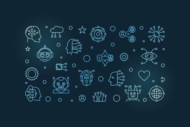 AI and Neural Network Digital Face concept line horizontal blue banner Vector illustration