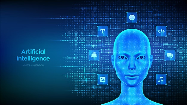 AI Artificial intelligence concept Cyborg woman head made with binary code Female electronic face Female robot Neural network Smart assistant Binary digital background with digits 10 Vector