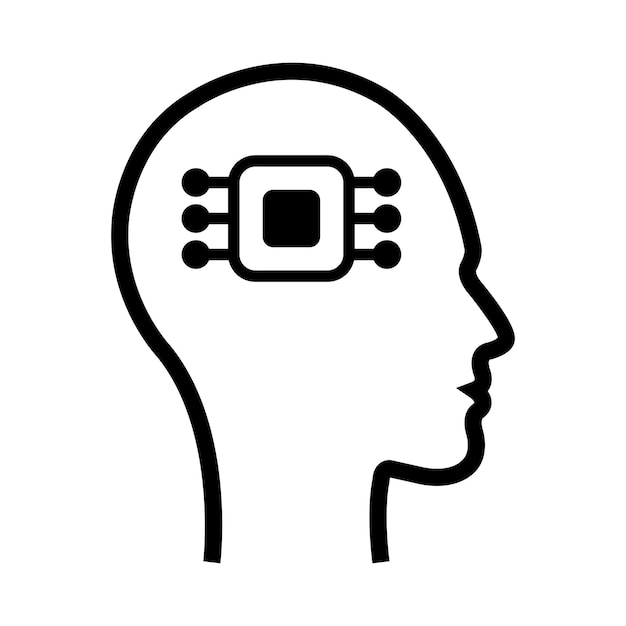 ai artificial intelligence icon of human face with a digital chip on brain for computer and technology silhouette illustration