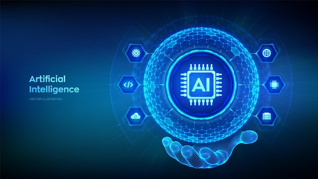 AI Artificial Intelligence in the shape of sphere with hexagon grid pattern in wireframe hand Machine Learning Concept Big data Neural networks AI and virtual technology Vector illustration