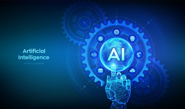 AI Artificial Intelligence Machine Learning Concept Big data Neural networks Wavy grid sphere Wireframe hand touching digital interface with connected gears cogs and icons Vector illustration