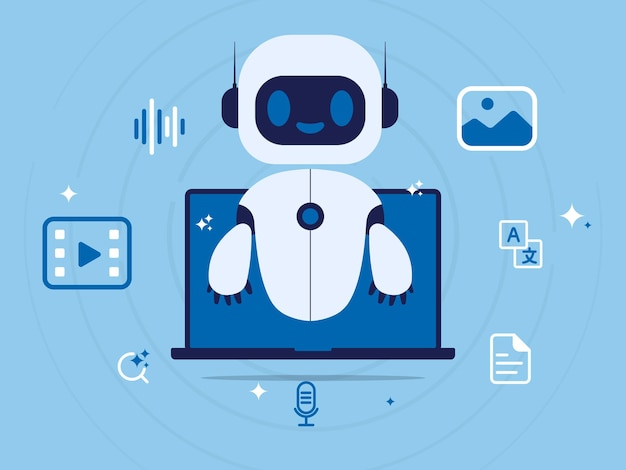 AI Artificial intelligence robot on laptop and generate bar AI created generate art text video audio with prompt Big data visualization and machine learning Vector illustration