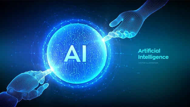 AI Artificiell intelligens Händer på robot och människa som rör en sfär med kretskortsmönster Artificiell intelligens och maskininlärningsteknik koncept Neurala nätverk Vektorillustration