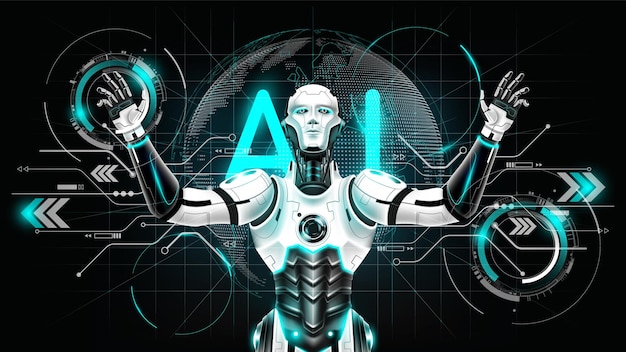 AI Artificiell intelligens i humanoid med 3D-värld hologramgränssnitt