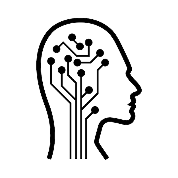 AI Artificiell intelligens ikon av mänskligt ansikte med ett digitalt chip på hjärnan för dator och teknik siluett illustration