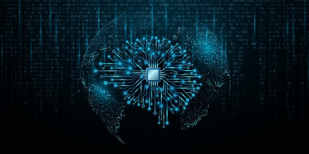 AI brain with CPU chip and glowing circuit board Futuristic world map with decaying binary code Artificial intelligence analyzes big data Vector illustration