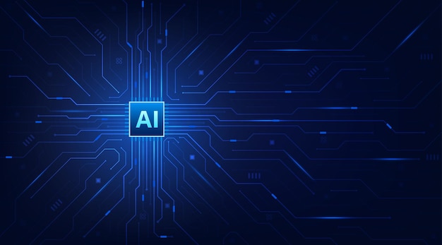 AI-chip på kretskort blå bakgrund Artificiell intelligens och maskininlärningsteknik futuristisk design Vektorillustration design för banner och mall