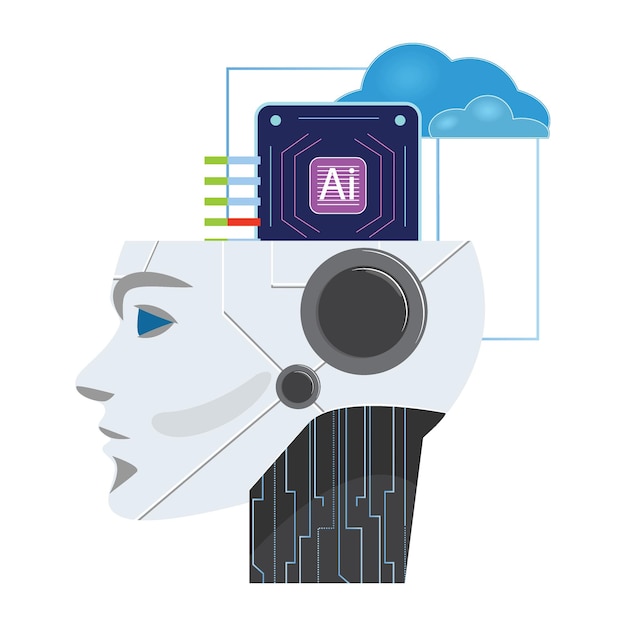 AI digital storage concept with humanoid head Features blue eyes chip and storage level indicators