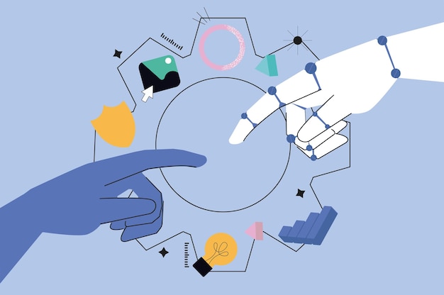 AI hands concept in the flat cartoon style The connection of a human hand and a robot hand