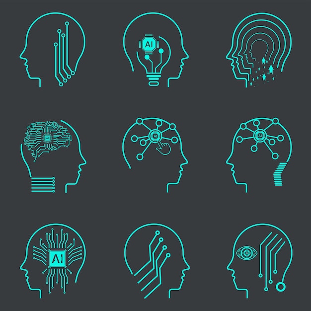 AI icon sets on dark background Collection of symbols technology vector elements