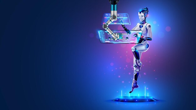 AI in image robot woman working with futuristic interface on transparent computer touch screen Artificial intelligence analyst data on display of computer Female cyborg Artificial neural networks