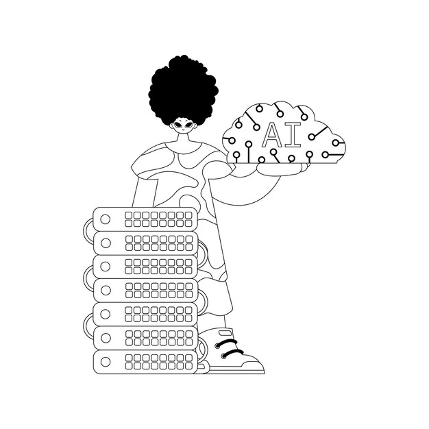 AI-kille och server linjär vektorillustration i AI-tema