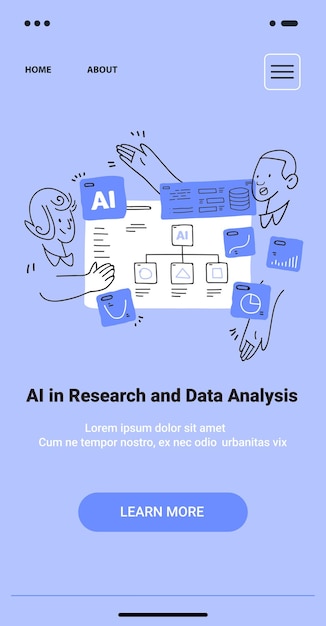 Ai research data analysis concept with people interacting around flowchart and icons blue background