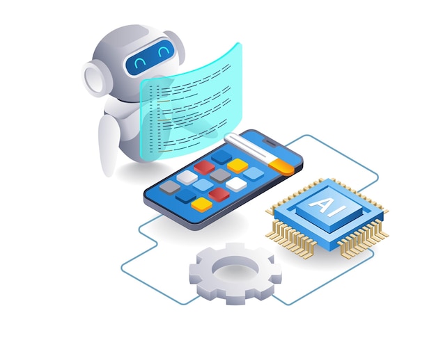 AI robot builds smartphone application flat isometric 3d illustration