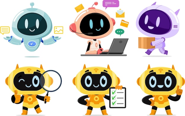 AI Robot Chat Bot Cartoon Characters Vector Flat Design Collection Set