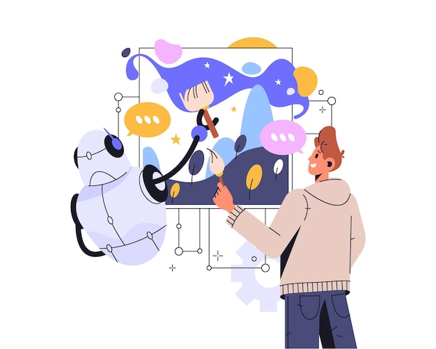 Ai robot creating artwork vector cyborg drawing picture artificial intelligence technology