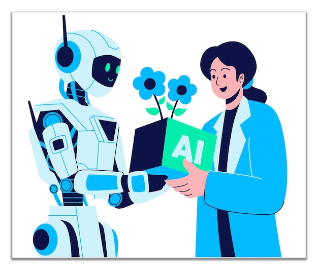 AI Robot giving a plant to a human