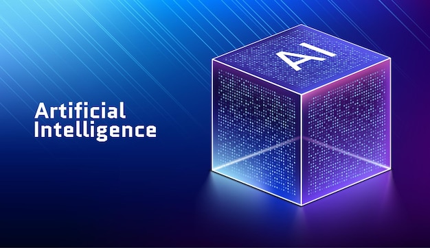 AI server icon with 3D cube visualizing big data machine learning and computational efficiency