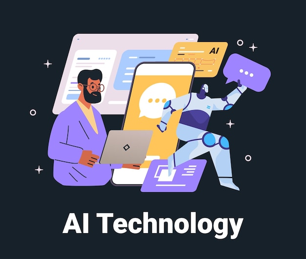 AI Technology business concept robot man laptop Illustration shows human working on laptop robot holding speech bubble large smartphone with chat interface Website design dark background