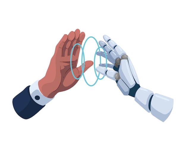 ai technology human and robot connecting hands isolated