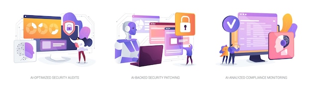 Aibacked cybersecurity abstract concept vector illustration set aioptimized security audits security