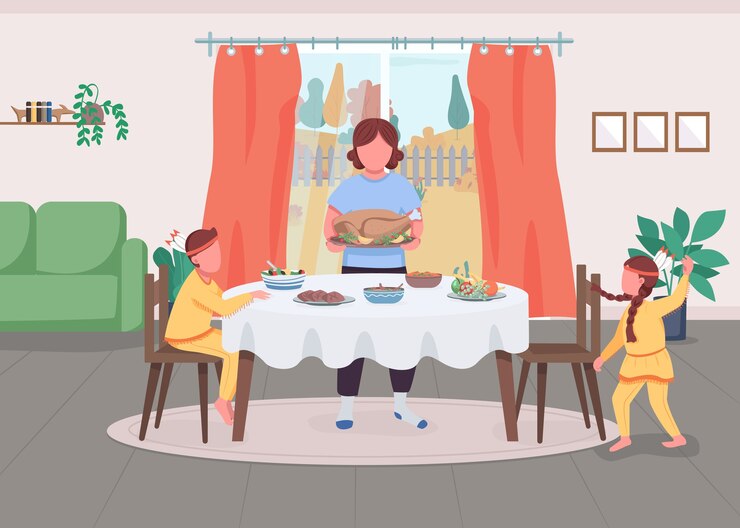 Vektör aile şükran günü kutlaması düz renk i̇llüstrasyonu