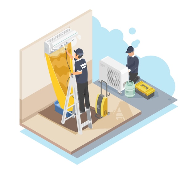 air conditioner cleaning and maintenance home services worker fixing at customer house isometric