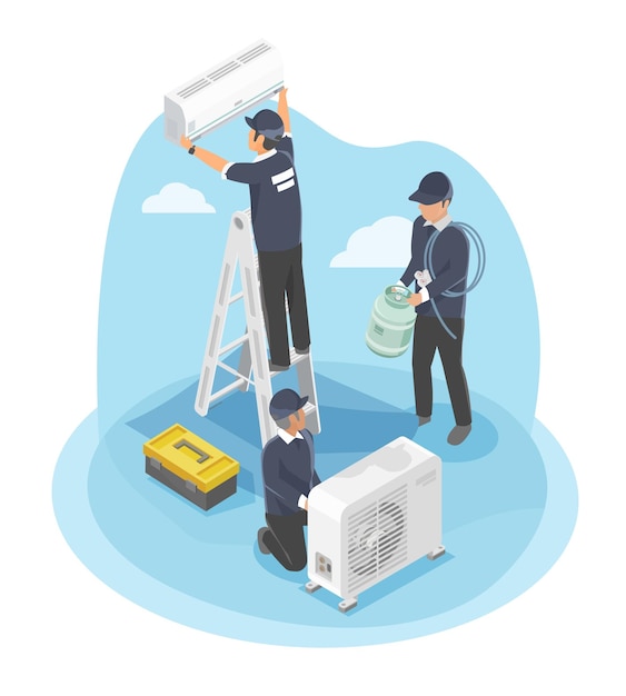 air conditioner home services icon concept process worker install at customer house isometric