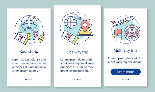 Aircraft flight ticket onboarding mobile app page screen with linear concepts. Round, one way and multi-city trip walkthrough steps graphic instructions. UX, UI, GUI vector template with illustrations