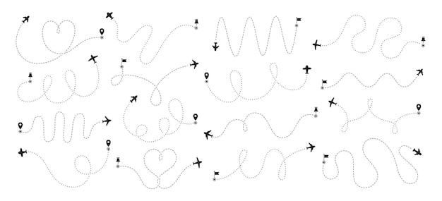 Airplane and transportation routes dashed line different shape and forms isolated monochrome set