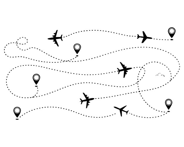 airplane dotted route line setpath travel line shapes with start point and dash line trace for plan