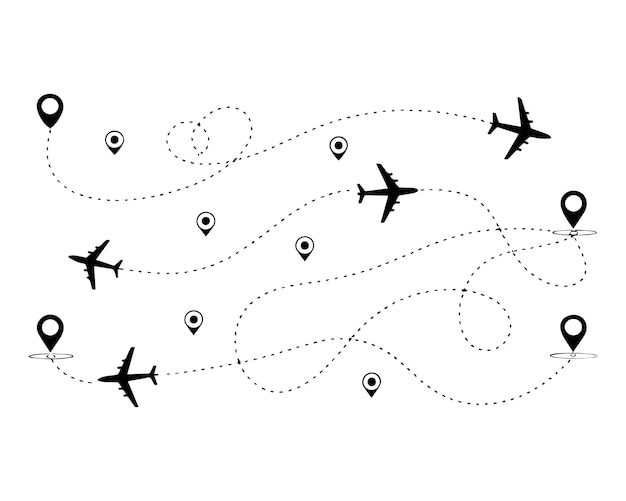 airplane dotted route line setpath travel line shapes with start point and dash line trace for plan