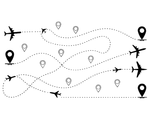 Airplane line path travel line icon vector airplane location path in dotted line airplane routes d