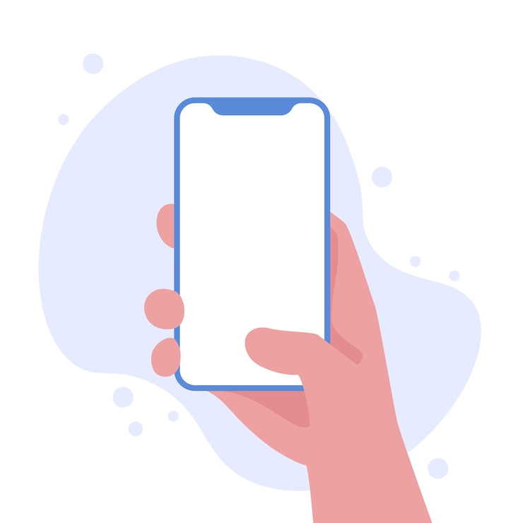 Akıllı telefonu dikey olarak tutan el, boş ekranlı vektör illüstrasyonu. Boş ekranlı telefon, telefon mockup uygulama arayüzü tasarım öğeleri