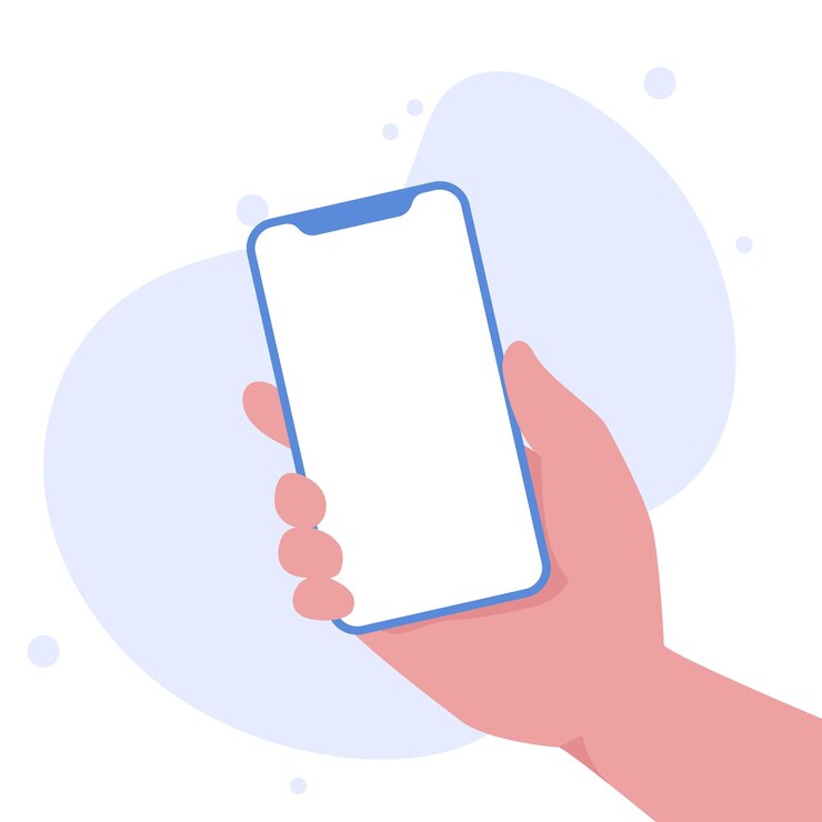Akıllı telefonu dikey olarak tutan el, boş ekranlı vektör illüstrasyonu. Boş ekranlı telefon, telefon mockup uygulama arayüzü tasarım öğeleri