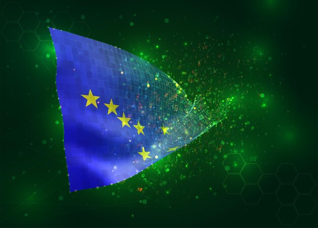 Alaska on vector 3d flag on green background with polygons and data numbers