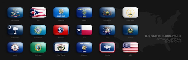 All Official Flags of US States Isolate 3D Vector Rounded Glossy Icon Set Part 3