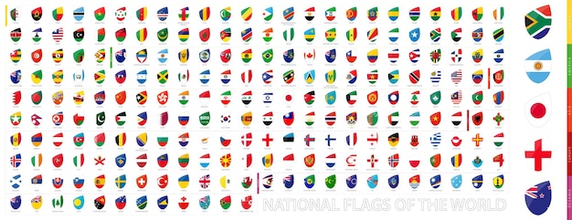 Alle officielle nationalflag i verden i rugby-stil. Stort rugby-ikon sæt med forhåndsvisningsflag for Sydafrika, Argentina, Japan, England, New Zealand.