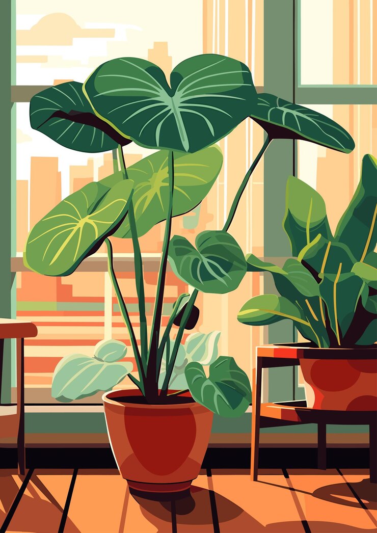 Alocasia ve Amazonica düz vektör sanat illüstrasyonu çizgi film renkli düz vektör illüstrasyonu
