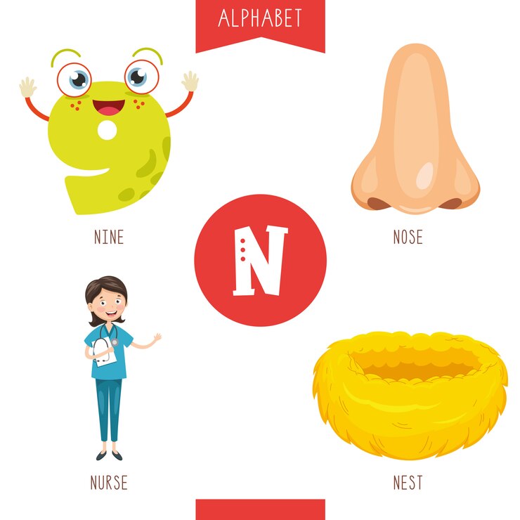 Vektor alphabet letter n and pictures