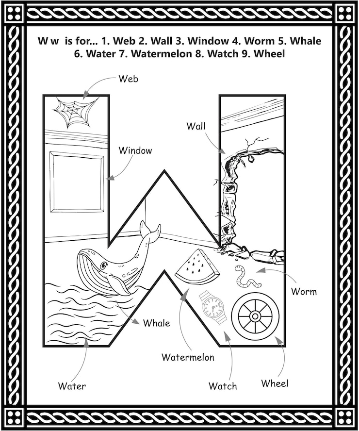 Vektör alphabet w letter coloring book with cartoon vocabulary learning activity worksheet for kids