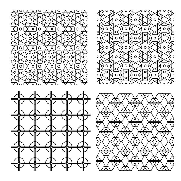 Altıgenler daireler içeren geometrik kusursuz dekoratif vektör soyut siyah beyaz desenler seti