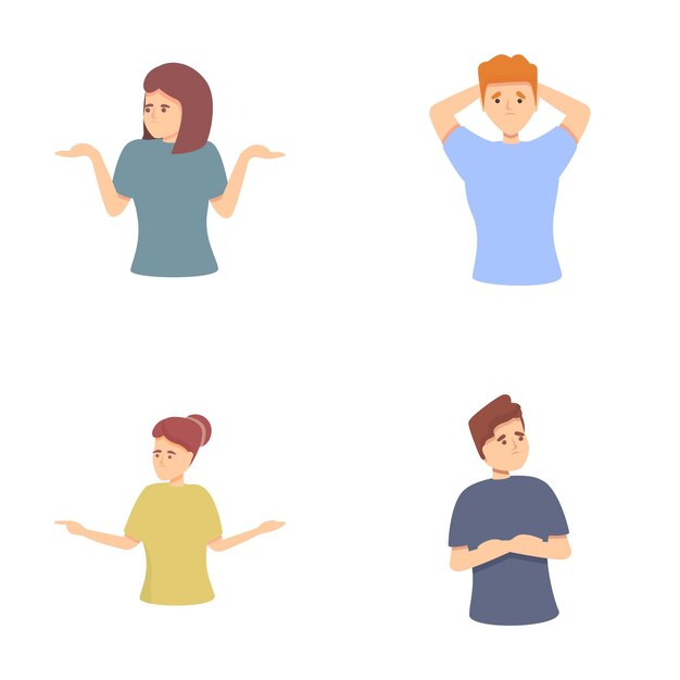 Ambiguous icons set cartoon vector Confused character does not know what to do