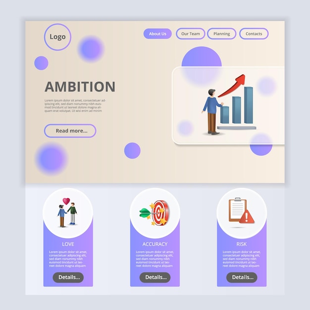 Ambition flat landing page website template love accuracy risk web banner with header content and