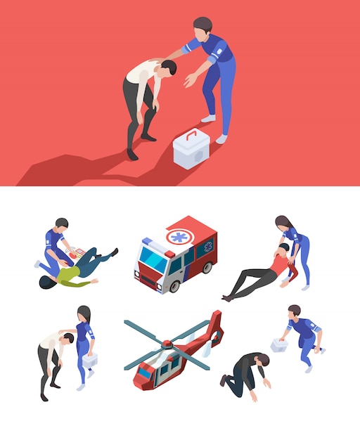 Ambulance personal. Reanimation medical service characters healthcare isometric medicine items cars