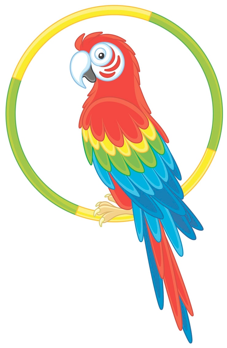 Vektör amusing colorful tropical parrot macaw perched on a ring